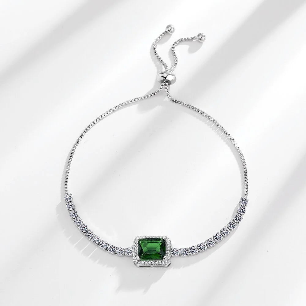 Bracelet en argent sterling 925, zircon vert impérial carré, taille réglable, bracelet de luxe élégant pour hommes et femmes L’AURA