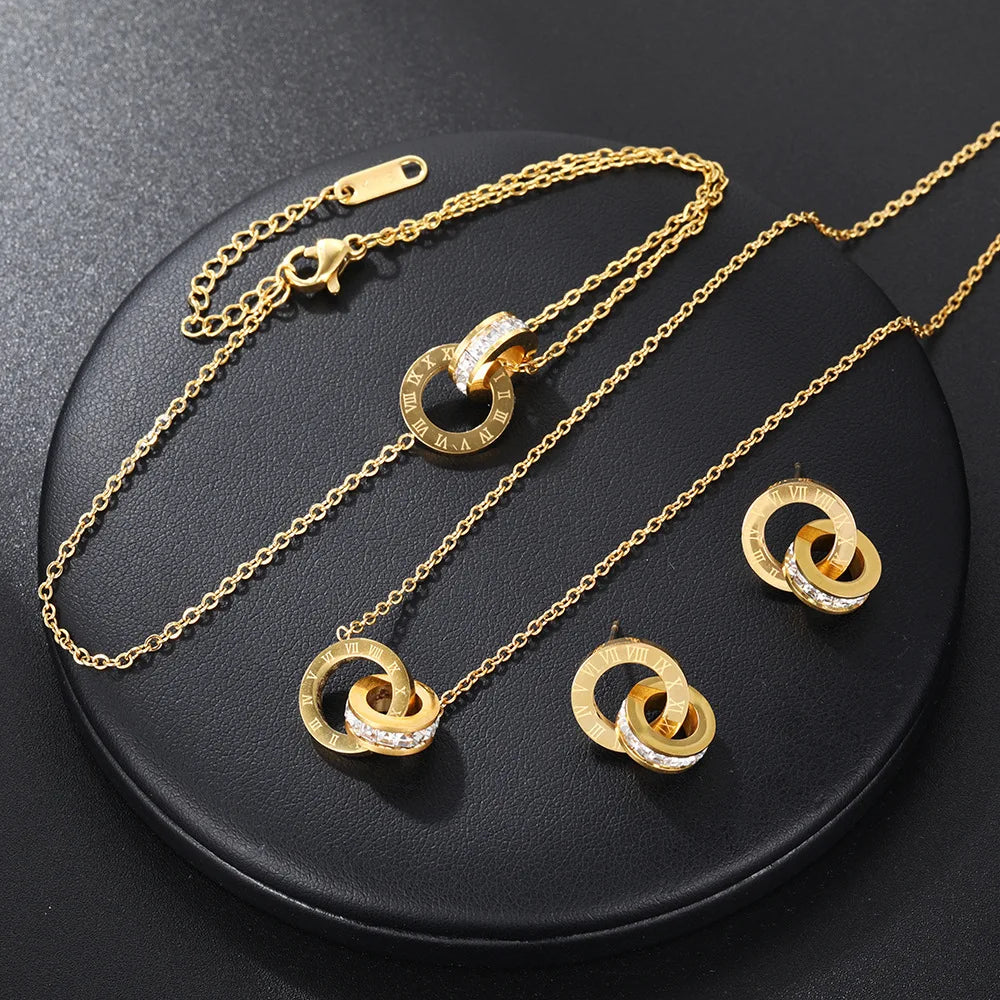 Femmes en acier inoxydable classique chiffres romains collier bracelet boucles d'oreilles Set - bijoux quotidiens simples polyvalents L’AURA