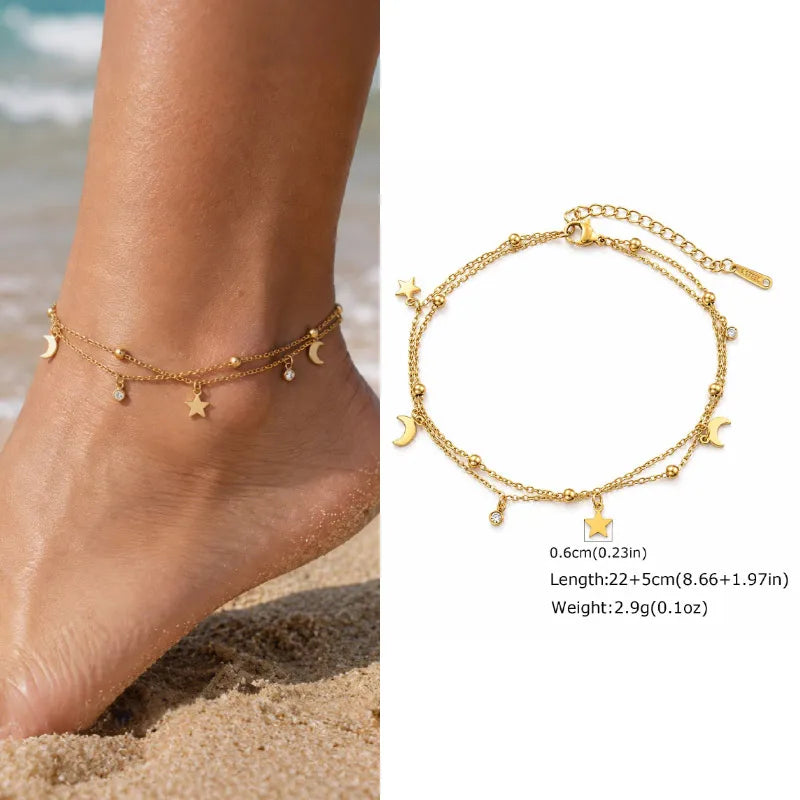 Bracelet de cheville superposé imperméable pour femmes, plaqué or réglable avec zircone, chaîne de pied à maillons en acier inoxydable, bijoux L’AURA