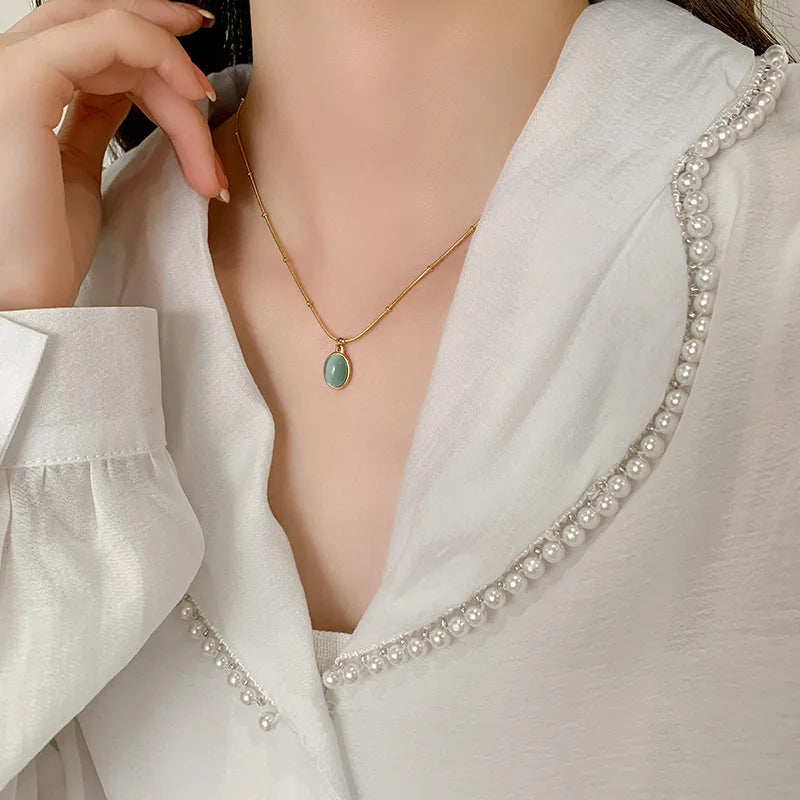 Collier ovale en argent Sterling 925 avec pendentif bleu mer, exquis pour femmes, œil de chat, serrure en pierre, chaîne en os, bijoux de mariage L’AURA