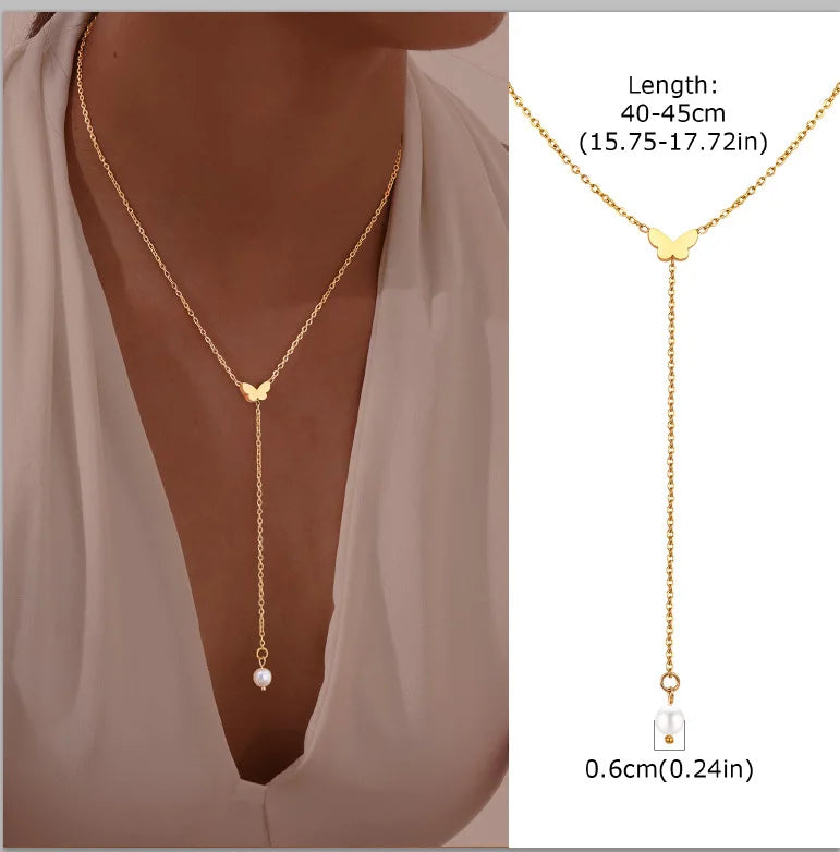 Gold Plated Stainless Steel Lariat Necklace, Delicate Long Necklace, Layered Necklaces for Women and Girls, Y-Shaped Drop Pendant