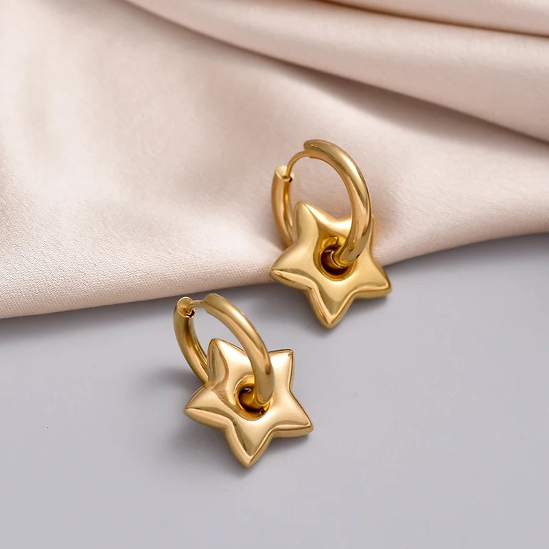 Boucles d'oreilles créoles rondes en acier inoxydable pour femmes, pendentif étoile lune et coeur, bijoux classiques Y2K, boucle d'oreille document en or et argent, mode L’AURA