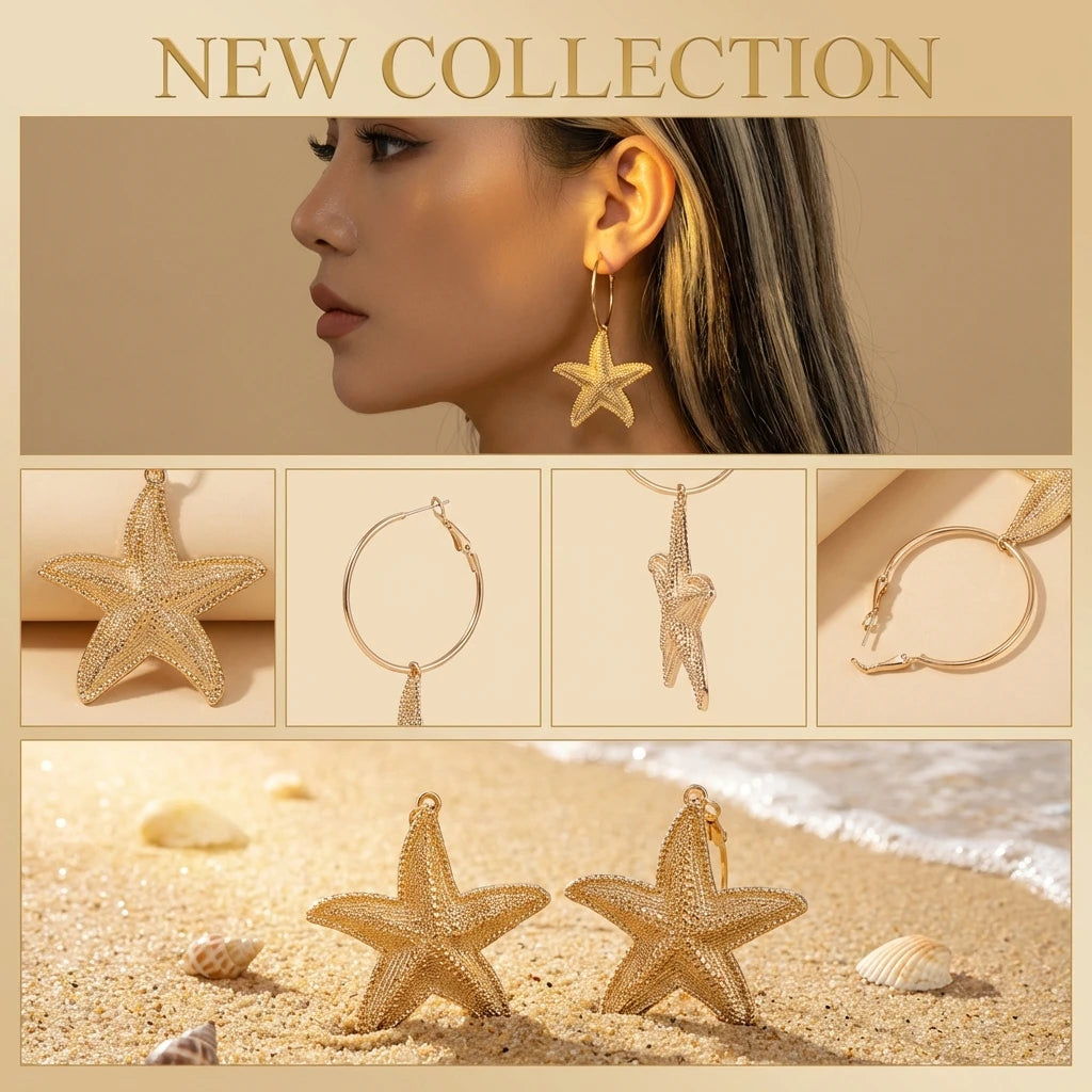 Boucles d'oreilles tendance couleur or, étoile de mer simulée, pour femme, style bohème, grandes conques métalliques, bijoux pour soirée et usage quotidien