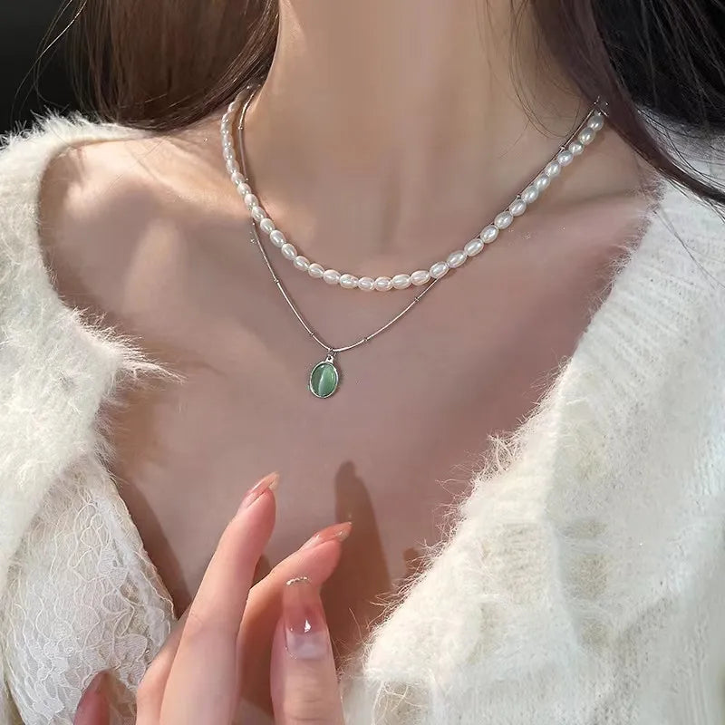 Collier ovale en argent Sterling 925 avec pendentif bleu mer, exquis pour femmes, œil de chat, serrure en pierre, chaîne en os, bijoux de mariage L’AURA