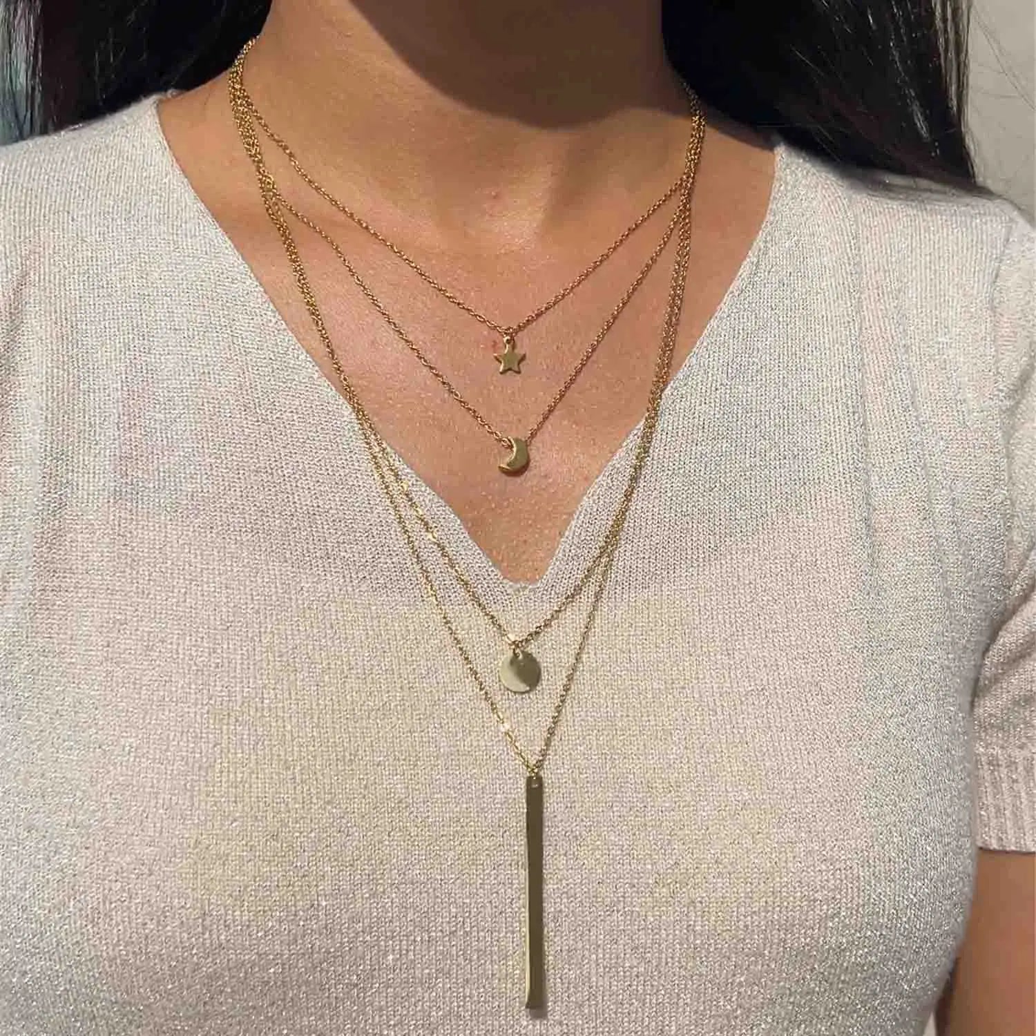 MinaMaMa chaîne en acier inoxydable Pentacle étoile ronde pièce lune barre pendentifs colliers pour femmes colliers multicouches L’AURA