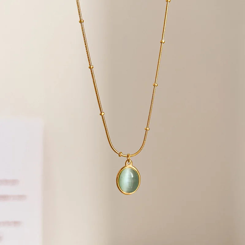 Collier ovale en argent Sterling 925 avec pendentif bleu mer, exquis pour femmes, œil de chat, serrure en pierre, chaîne en os, bijoux de mariage L’AURA