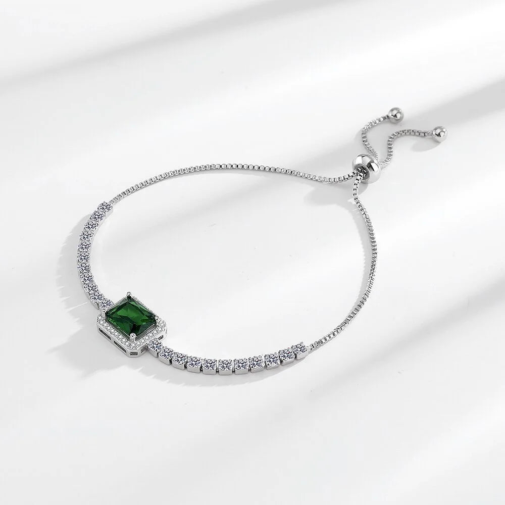 Bracelet en argent sterling 925, zircon vert impérial carré, taille réglable, bracelet de luxe élégant pour hommes et femmes L’AURA