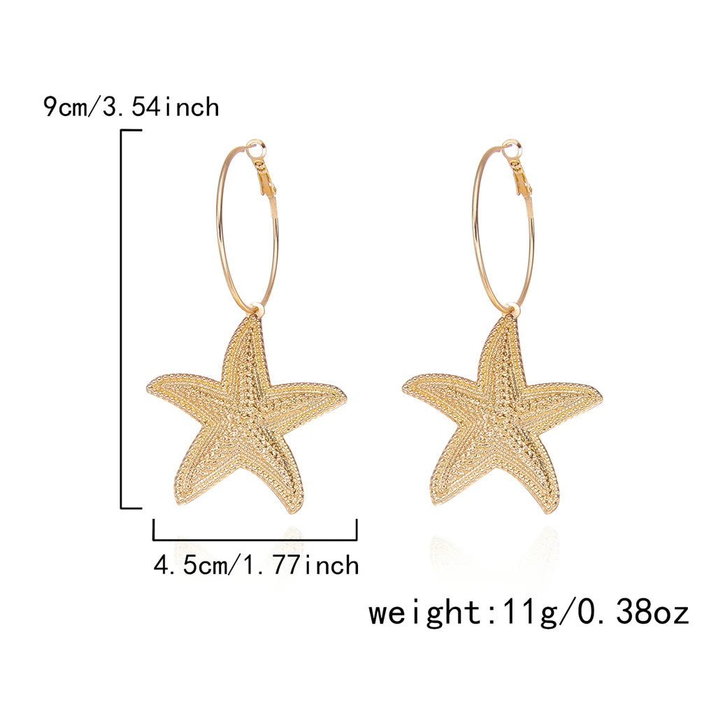 Boucles d'oreilles tendance couleur or, étoile de mer simulée, pour femme, style bohème, grandes conques métalliques, bijoux pour soirée et usage quotidien