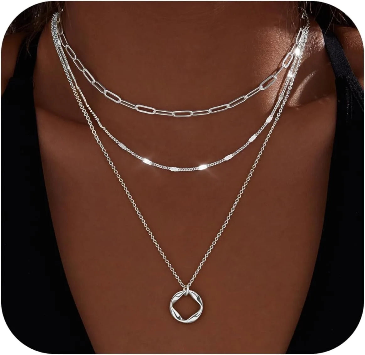 14K Gold Plated Necklaces for Women, Stackable, Silver Plated, Circle, Paperclip, Chain, Pendant, Choker, Set for Women