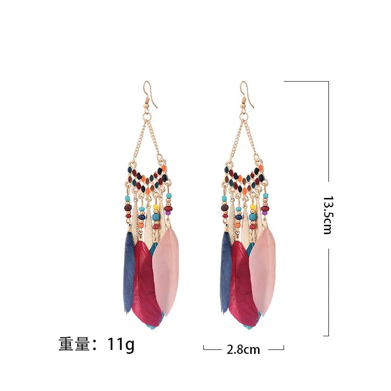 Boucles d'oreilles ethniques en plumes pour femmes, style bohème, longues pampilles, perles, goutte d'eau, accessoires bijoux de fête à la mode pour filles, nouvelle collection L’AURA