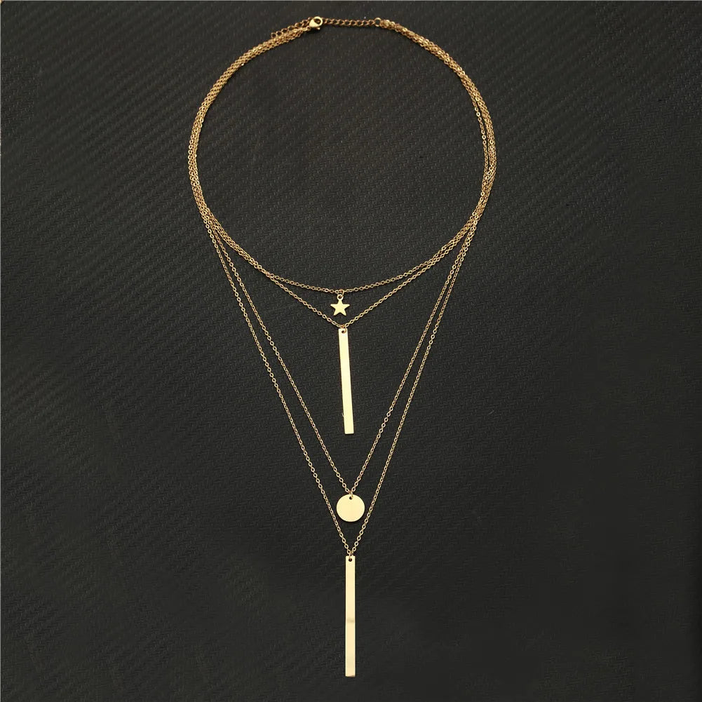 MinaMaMa chaîne en acier inoxydable Pentacle étoile ronde pièce lune barre pendentifs colliers pour femmes colliers multicouches L’AURA