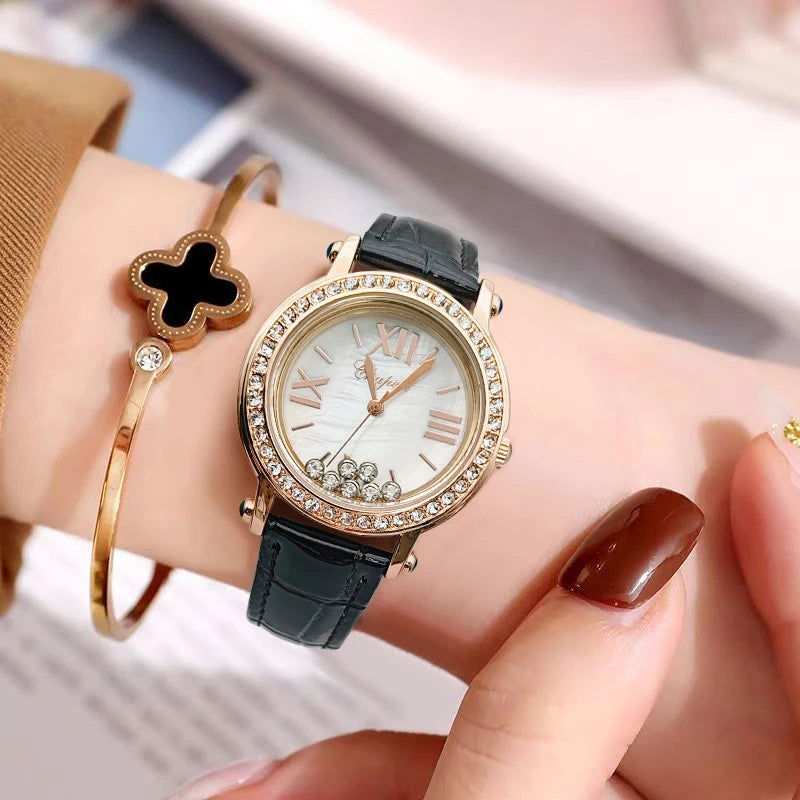 Nouvelle montre verte vintage tendance pour femme, élégante et étanche, avec un design luxueux serti de diamants, style camélia de niche, petite montre verte pour femme, avec diamants Happy Diamonds L’AURA