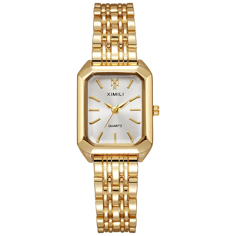 Montre de luxe pour femmes, carrée en or, Simple, à Quartz, mode, en acier inoxydable, horloge d'affaires, robe, cadeau