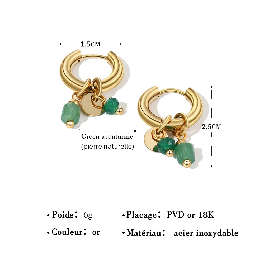 YACHAN 18K plaqué or acier inoxydable Hoop boucles d'oreilles femmes rétro vert pierre naturelle charme mode bijoux imperméables L’AURA