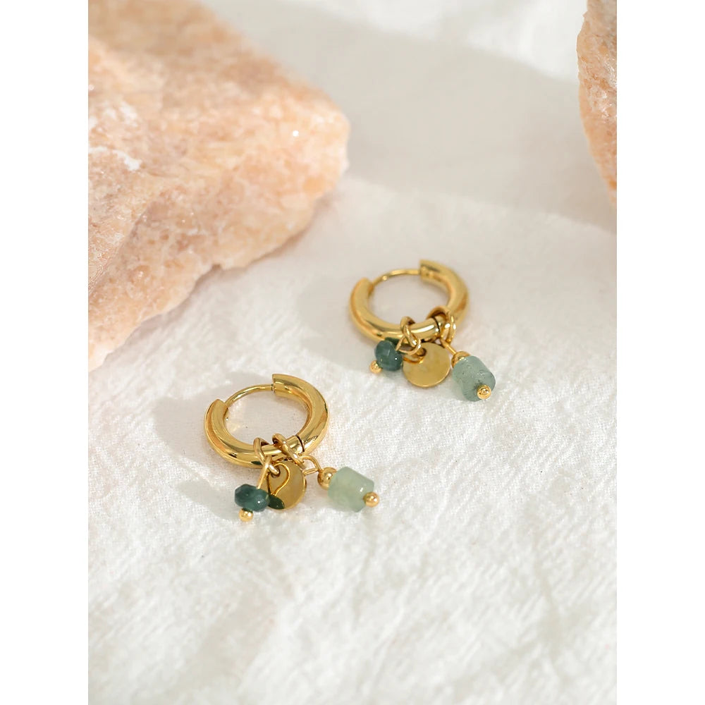 YACHAN 18K plaqué or acier inoxydable Hoop boucles d'oreilles femmes rétro vert pierre naturelle charme mode bijoux imperméables L’AURA