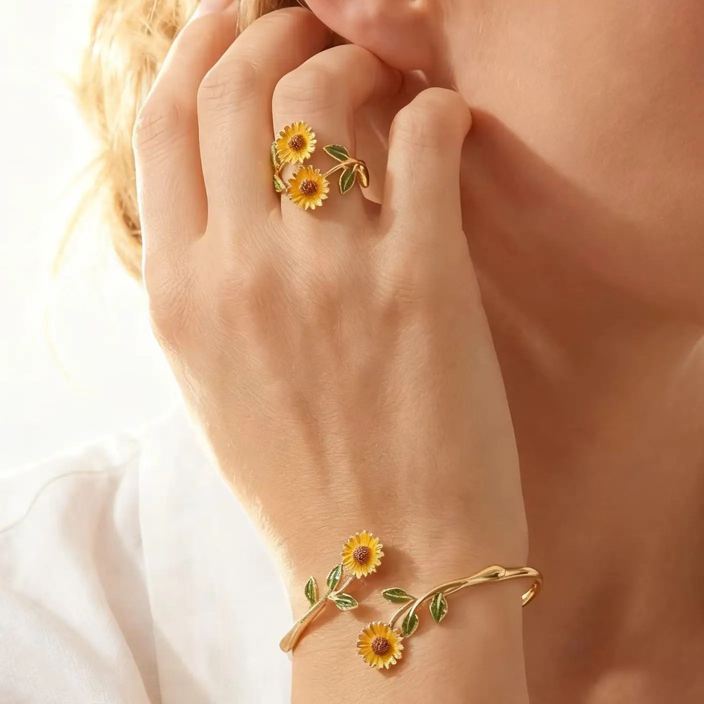 Ensemble bague et bracelet ouvert en émail Camélia Tournesol Marguerite, bijoux floraux, accessoire de mode féminin, cadeau tendance, accessoire quotidien L’AURA