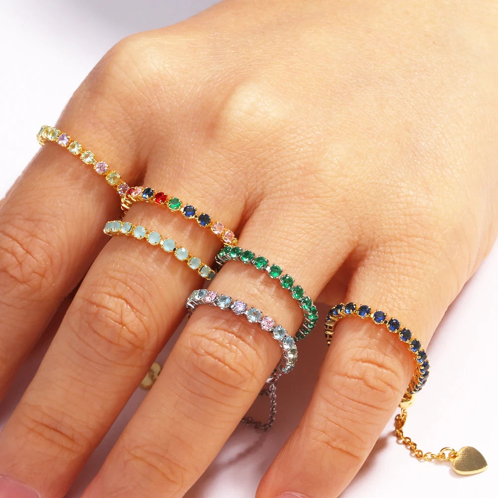Bagues de Tennis de luxe en Zircon, chaîne réglable pour femmes et hommes, anneau de fête de mariage à une rangée arc-en-ciel, bijoux L’AURA