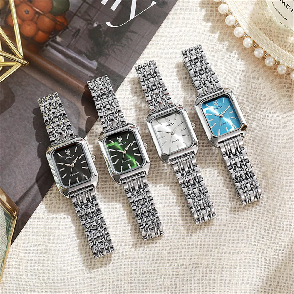 Montre de luxe pour femmes, carrée en or, Simple, à Quartz, mode, en acier inoxydable, horloge d'affaires, robe, cadeau