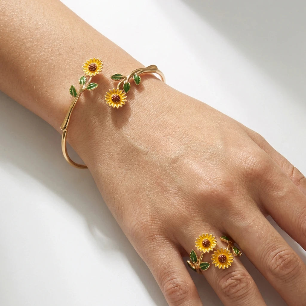 Ensemble bague et bracelet ouvert en émail Camélia Tournesol Marguerite, bijoux floraux, accessoire de mode féminin, cadeau tendance, accessoire quotidien L’AURA
