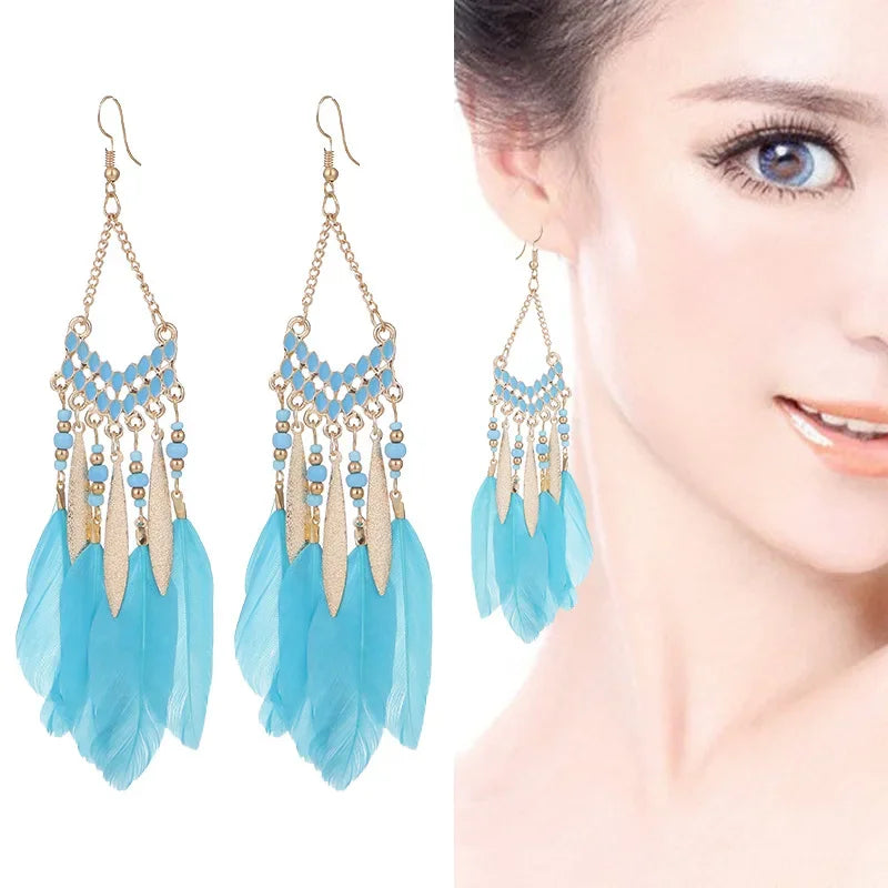 Boucles d'oreilles ethniques en plumes pour femmes, style bohème, longues pampilles, perles, goutte d'eau, accessoires bijoux de fête à la mode pour filles, nouvelle collection L’AURA