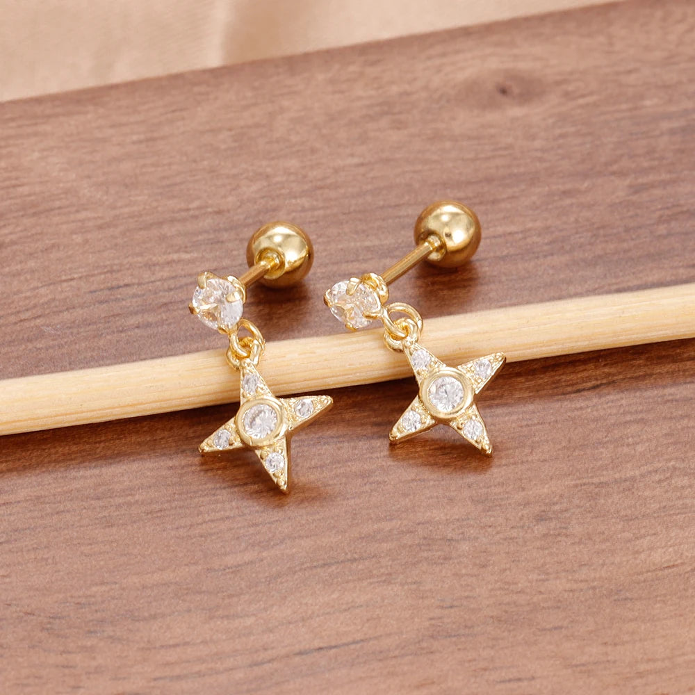 Luxury Stainless Steel Earrings for Women, Shimmering Zircons, Geometric Piercing, Fashion Jewelry