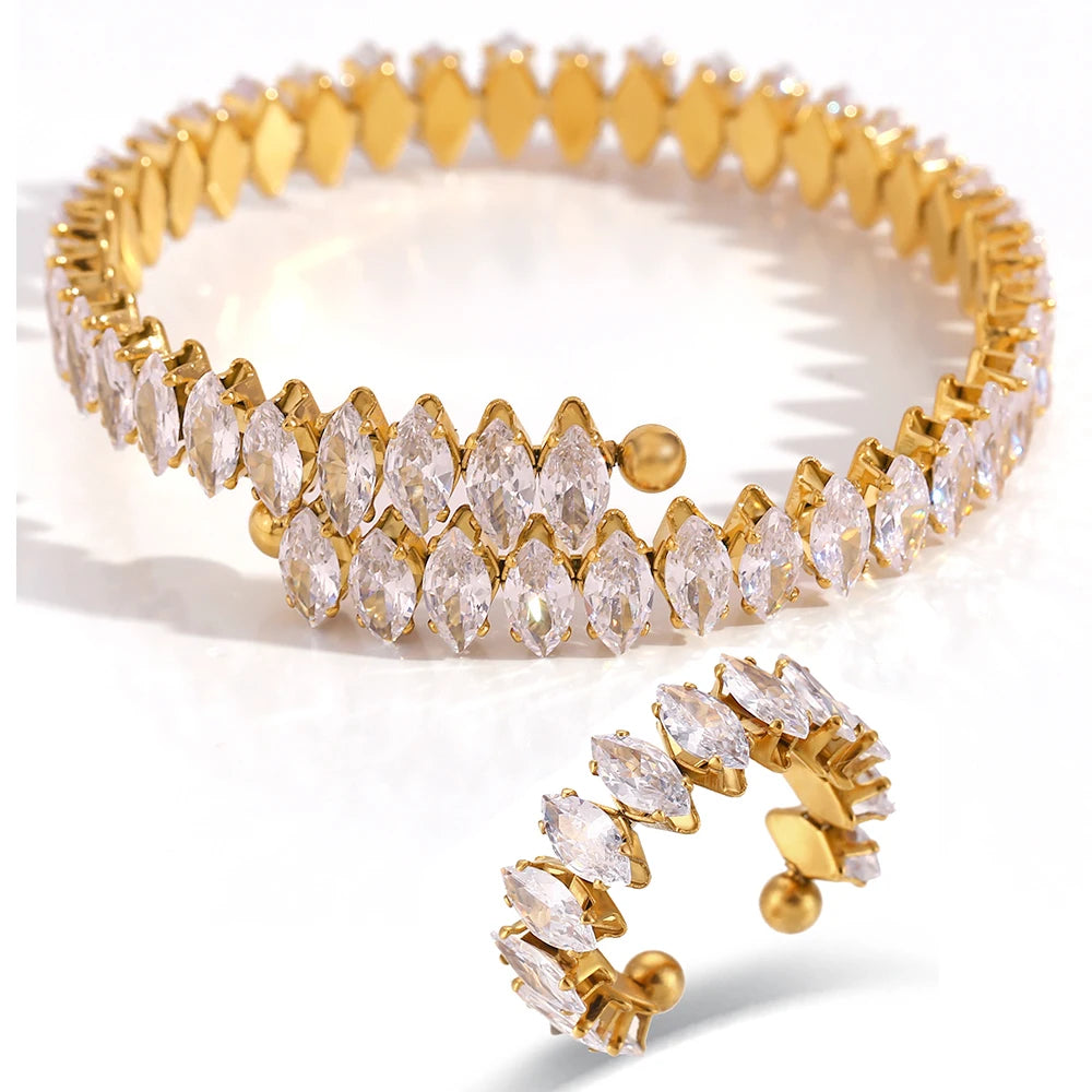 Ensemble de bijoux imperméable et scintillant pour fête de vacances, Marquis 3A, cristal de zircone cubique, bracelets réglables, bague