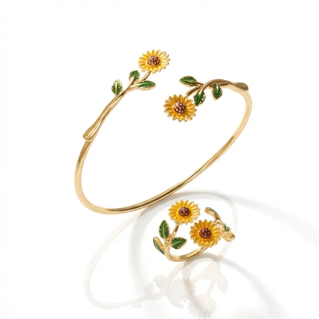Ensemble bague et bracelet ouvert en émail Camélia Tournesol Marguerite, bijoux floraux, accessoire de mode féminin, cadeau tendance, accessoire quotidien L’AURA
