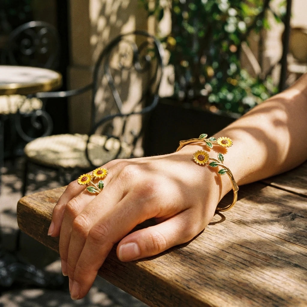 Ensemble bague et bracelet ouvert en émail Camélia Tournesol Marguerite, bijoux floraux, accessoire de mode féminin, cadeau tendance, accessoire quotidien L’AURA