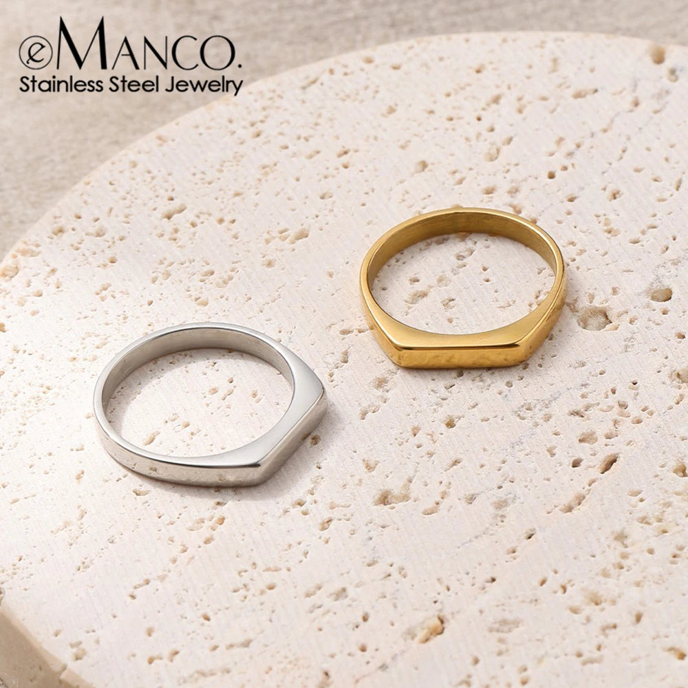 Bague signet carrée minimaliste en acier inoxydable eManco, fine et élégante, pour femme, bijoux fantaisie, cadeau.