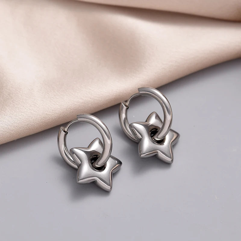 Boucles d'oreilles créoles rondes en acier inoxydable pour femmes, pendentif étoile lune et coeur, bijoux classiques Y2K, boucle d'oreille document en or et argent, mode L’AURA