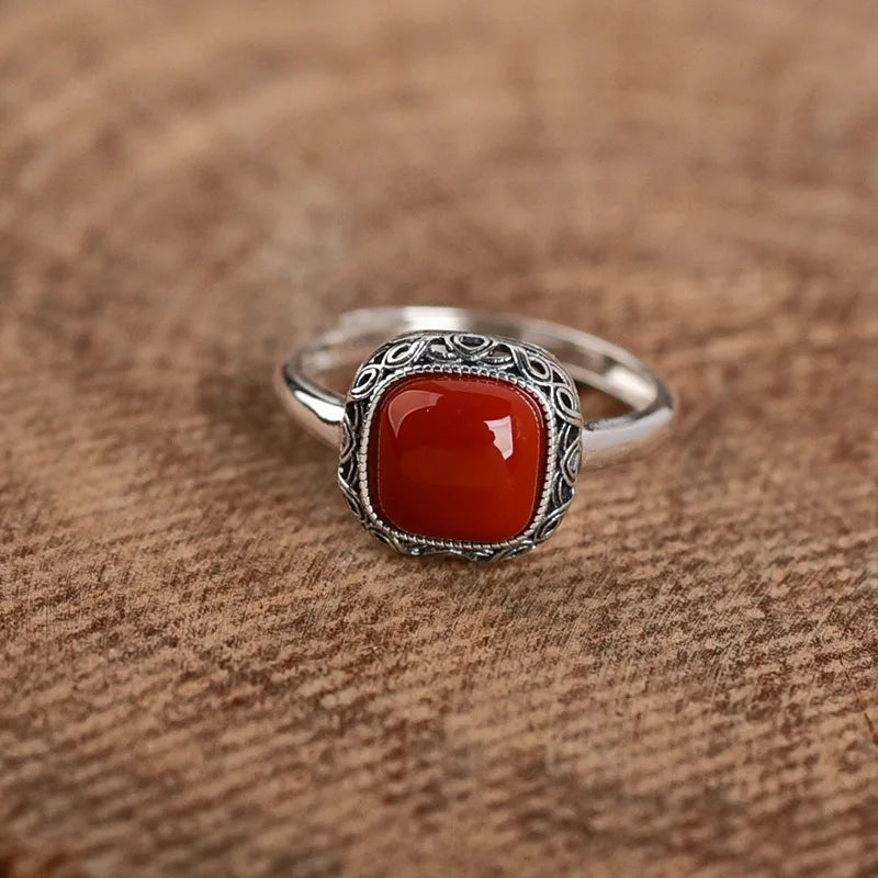 Bague carrée verte rétro Simple pour femmes, bagues en Tourmaline rouge du sud, argent 925, breloques ajourées réglables, bijoux cadeau L’AURA