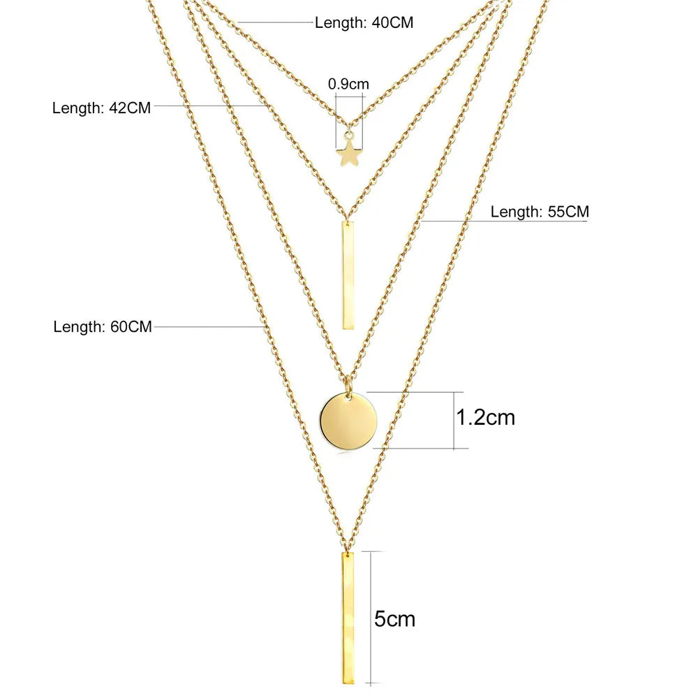 MinaMaMa chaîne en acier inoxydable Pentacle étoile ronde pièce lune barre pendentifs colliers pour femmes colliers multicouches L’AURA