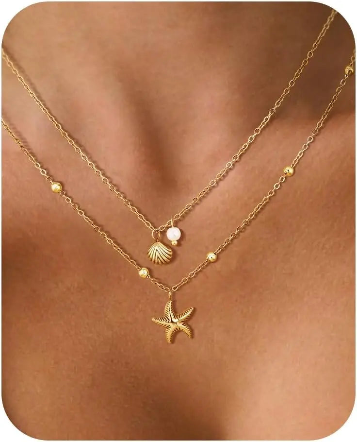 Collier de coquillage pour femmes, plaqué or 14 carats, en acier inoxydable, superposé, étoile de mer, conque, perle, collier à breloques, bijoux de plage d'été L’AURA