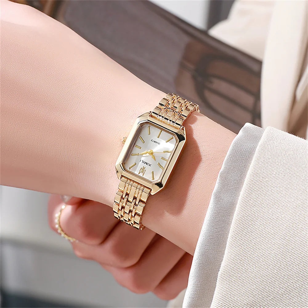 Montre de luxe pour femmes, carrée en or, Simple, à Quartz, mode, en acier inoxydable, horloge d'affaires, robe, cadeau