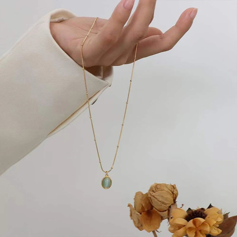 Collier ovale en argent Sterling 925 avec pendentif bleu mer, exquis pour femmes, œil de chat, serrure en pierre, chaîne en os, bijoux de mariage L’AURA