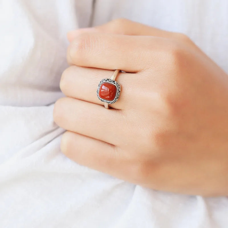 Bague carrée verte rétro Simple pour femmes, bagues en Tourmaline rouge du sud, argent 925, breloques ajourées réglables, bijoux cadeau L’AURA