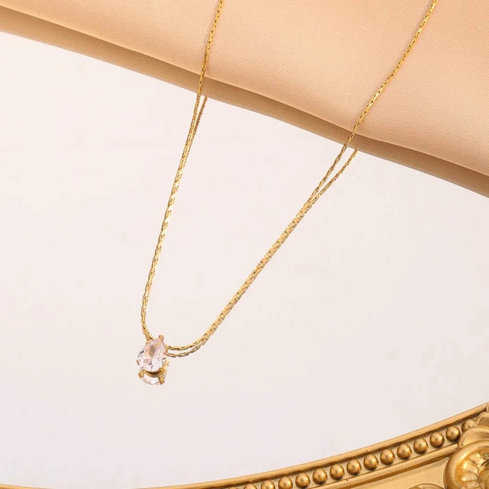 Collier pendentif goutte d'eau en zircon brillant en acier inoxydable pour femme, chaîne ras-du-cou minimaliste, bijoux de fête, cadeau, nouveauté, vente en gros L’AURA