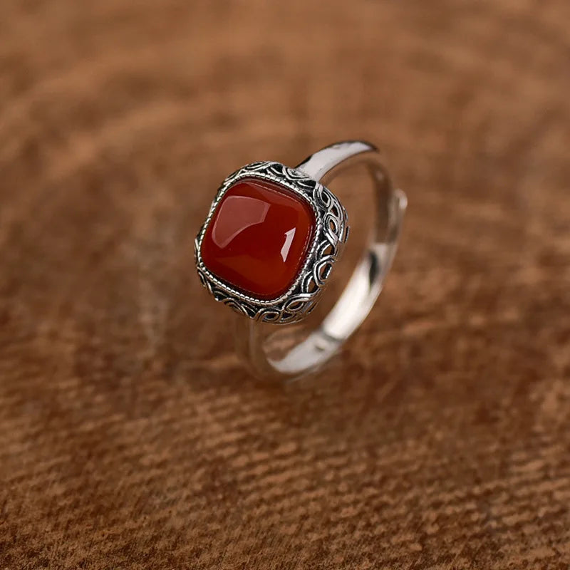 Bague carrée verte rétro Simple pour femmes, bagues en Tourmaline rouge du sud, argent 925, breloques ajourées réglables, bijoux cadeau L’AURA
