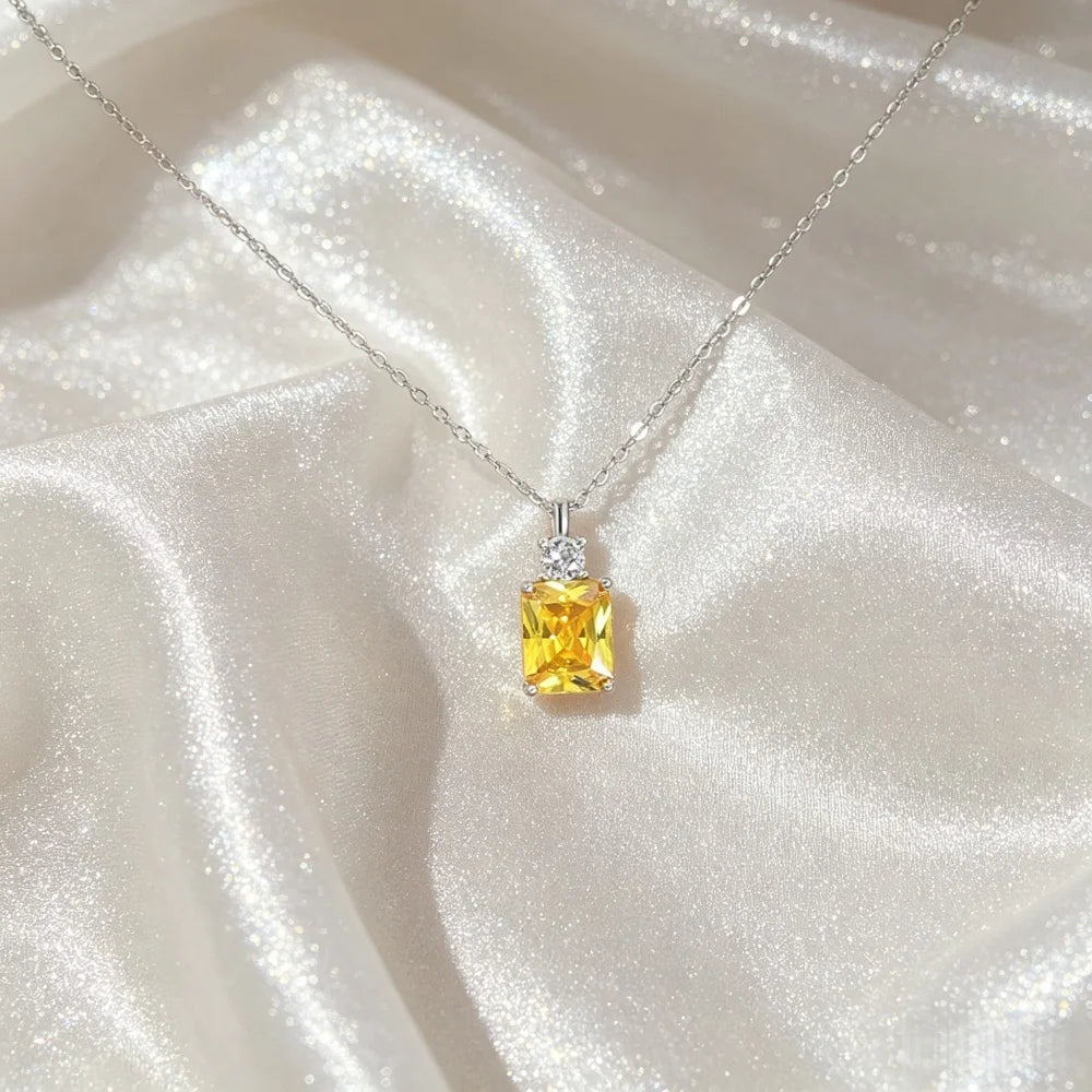 Collier pendentif en argent 925 avec cristal jaune taille radiant pour femme, chaîne ras-du-cou étincelante en zircon cubique et citrine, bijoux fins L’AURA