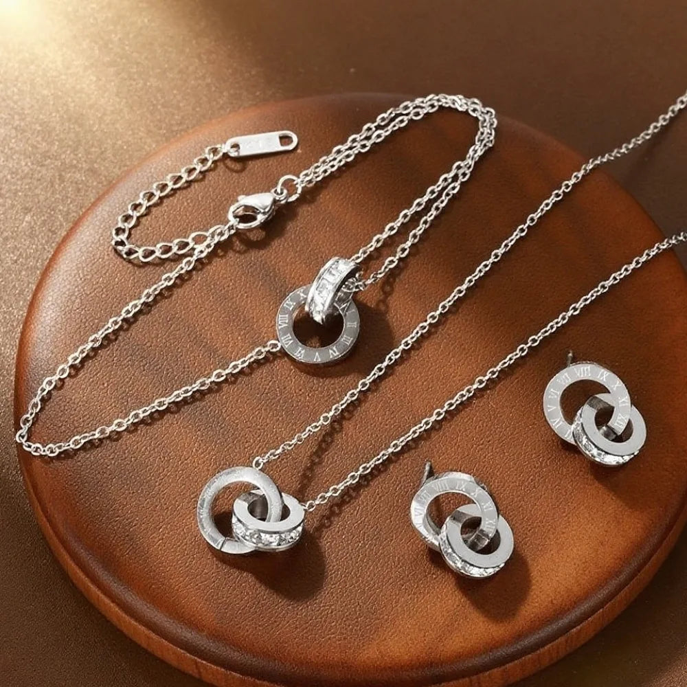 Femmes en acier inoxydable classique chiffres romains collier bracelet boucles d'oreilles Set - bijoux quotidiens simples polyvalents L’AURA