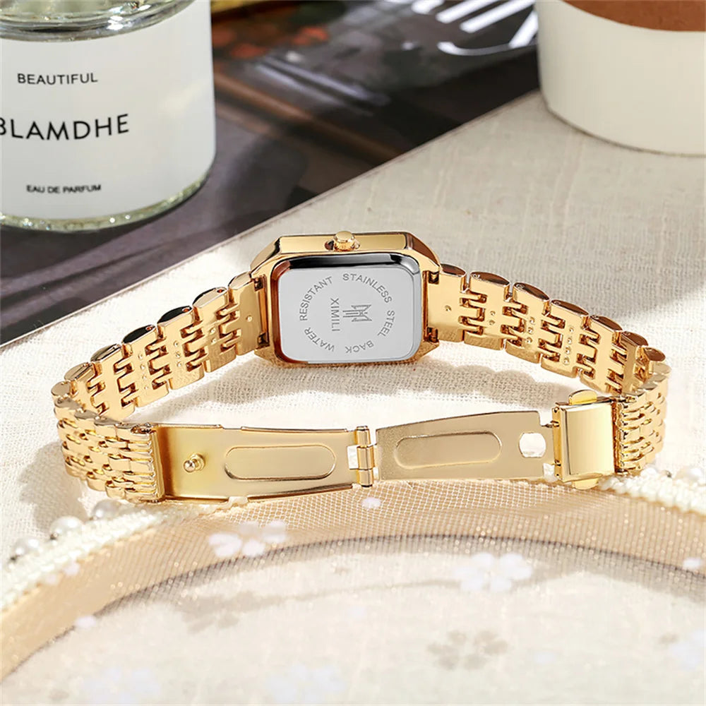 Montre de luxe pour femmes, carrée en or, Simple, à Quartz, mode, en acier inoxydable, horloge d'affaires, robe, cadeau