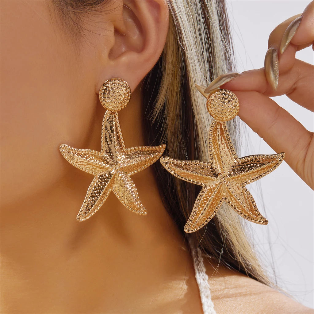 Boucles d'oreilles tendance couleur or, étoile de mer simulée, pour femme, style bohème, grandes conques métalliques, bijoux pour soirée et usage quotidien