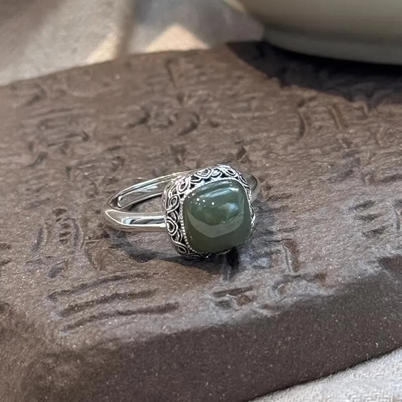 Bague carrée verte rétro Simple pour femmes, bagues en Tourmaline rouge du sud, argent 925, breloques ajourées réglables, bijoux cadeau L’AURA