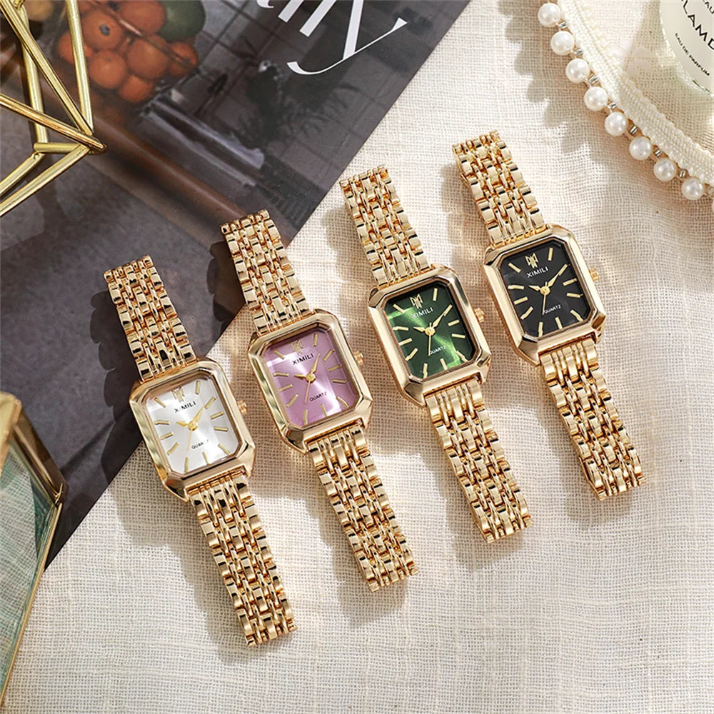 Montre de luxe pour femmes, carrée en or, Simple, à Quartz, mode, en acier inoxydable, horloge d'affaires, robe, cadeau
