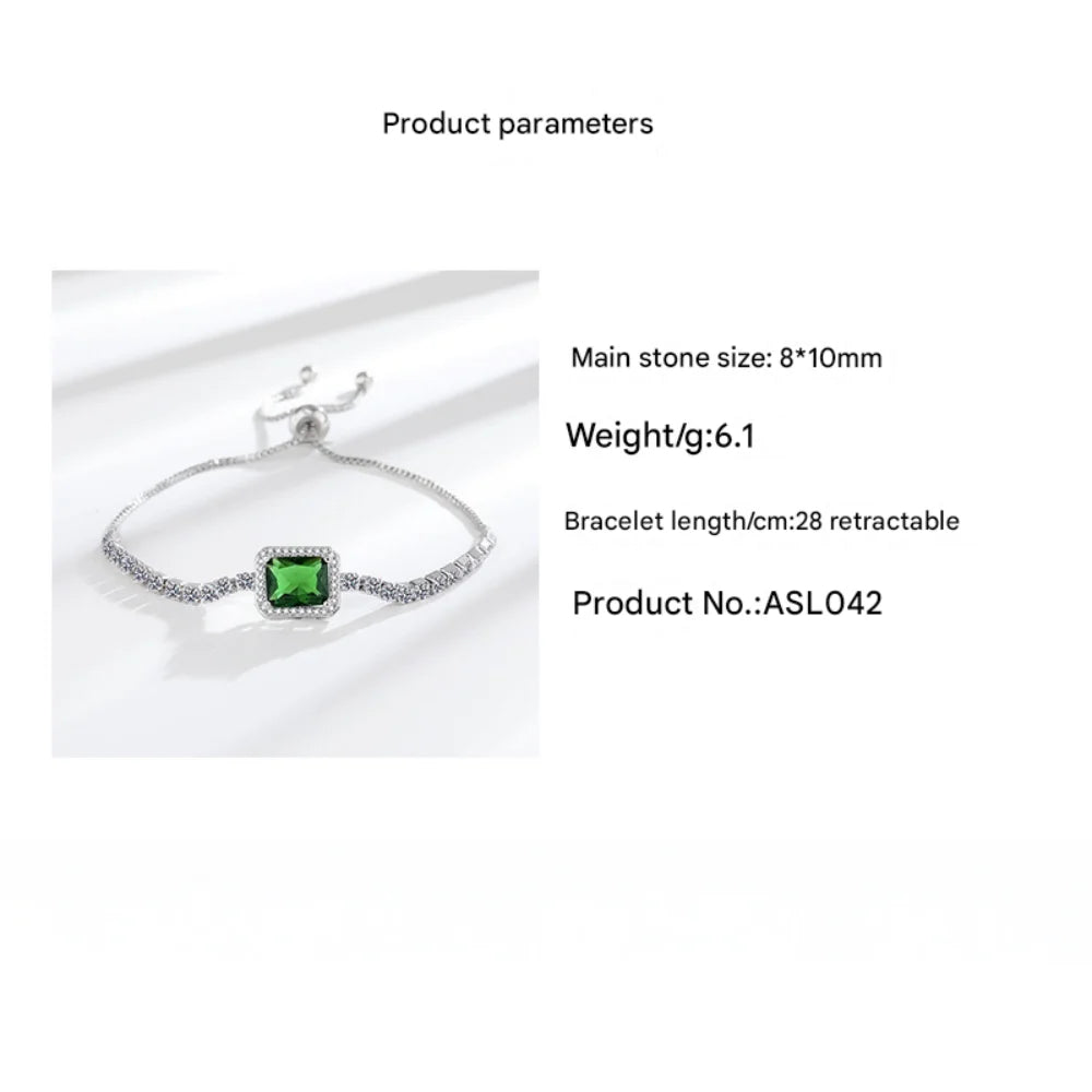 Bracelet en argent sterling 925, zircon vert impérial carré, taille réglable, bracelet de luxe élégant pour hommes et femmes L’AURA
