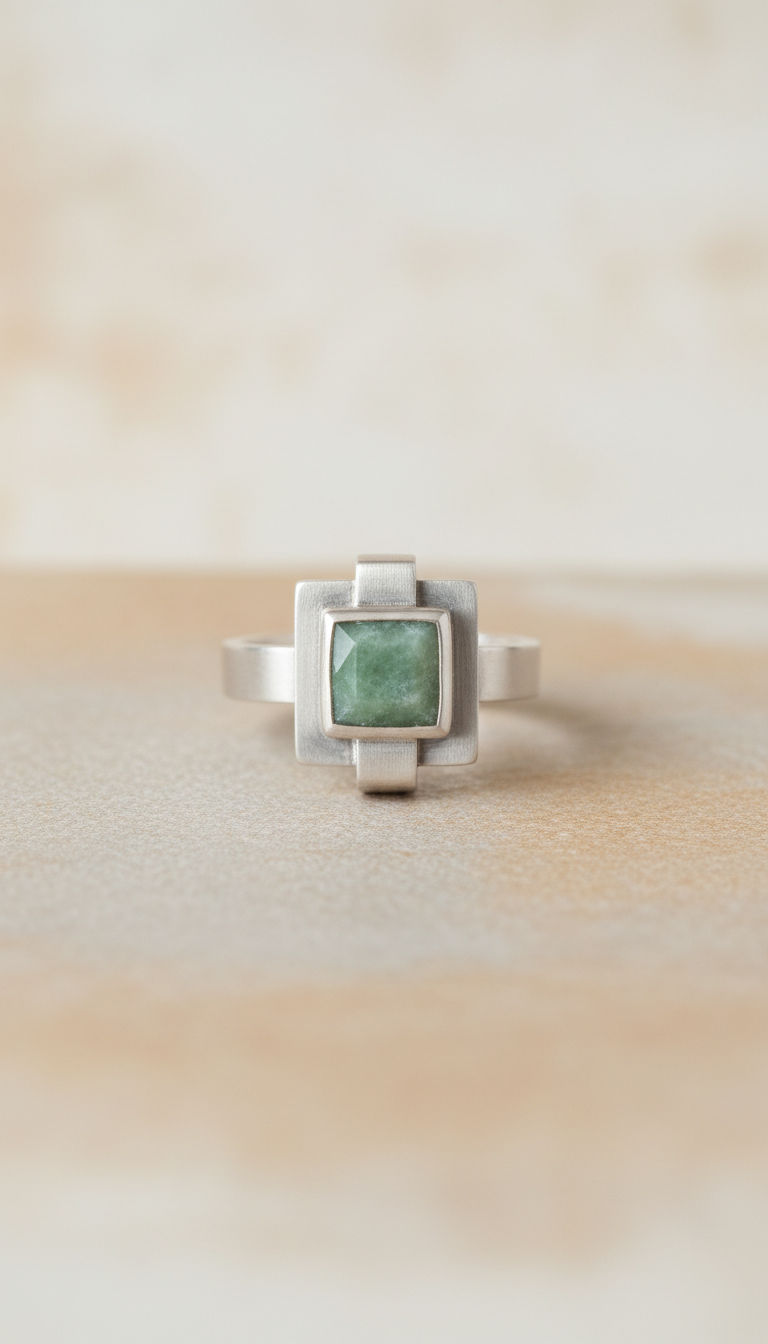 Bague géométrique en argent et pierre semi-précieuse